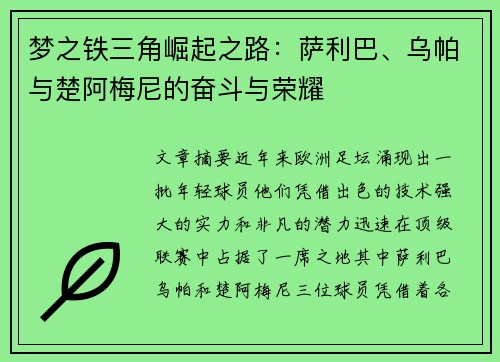 梦之铁三角崛起之路：萨利巴、乌帕与楚阿梅尼的奋斗与荣耀