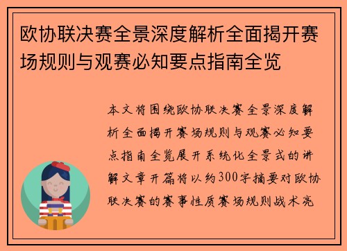 欧协联决赛全景深度解析全面揭开赛场规则与观赛必知要点指南全览